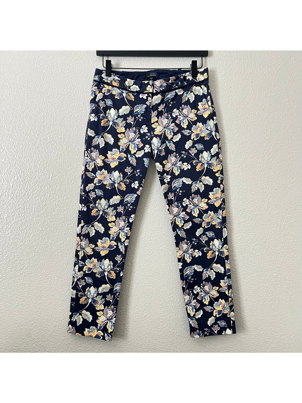 The Limited navy blue floral ankle pant white yellow tan print